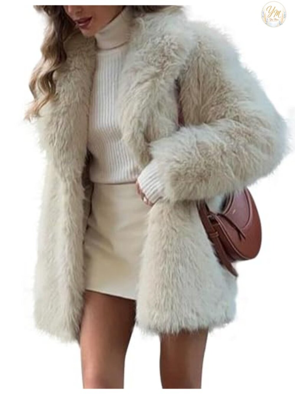 Faux Fur Mid Length Winter Coat for Women Fluffy Shawl Collar Jacket